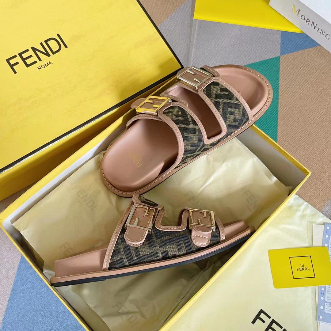 Fendi Women Fendi Feel Brown FF Fabric Slides - Meya Luxury Brand