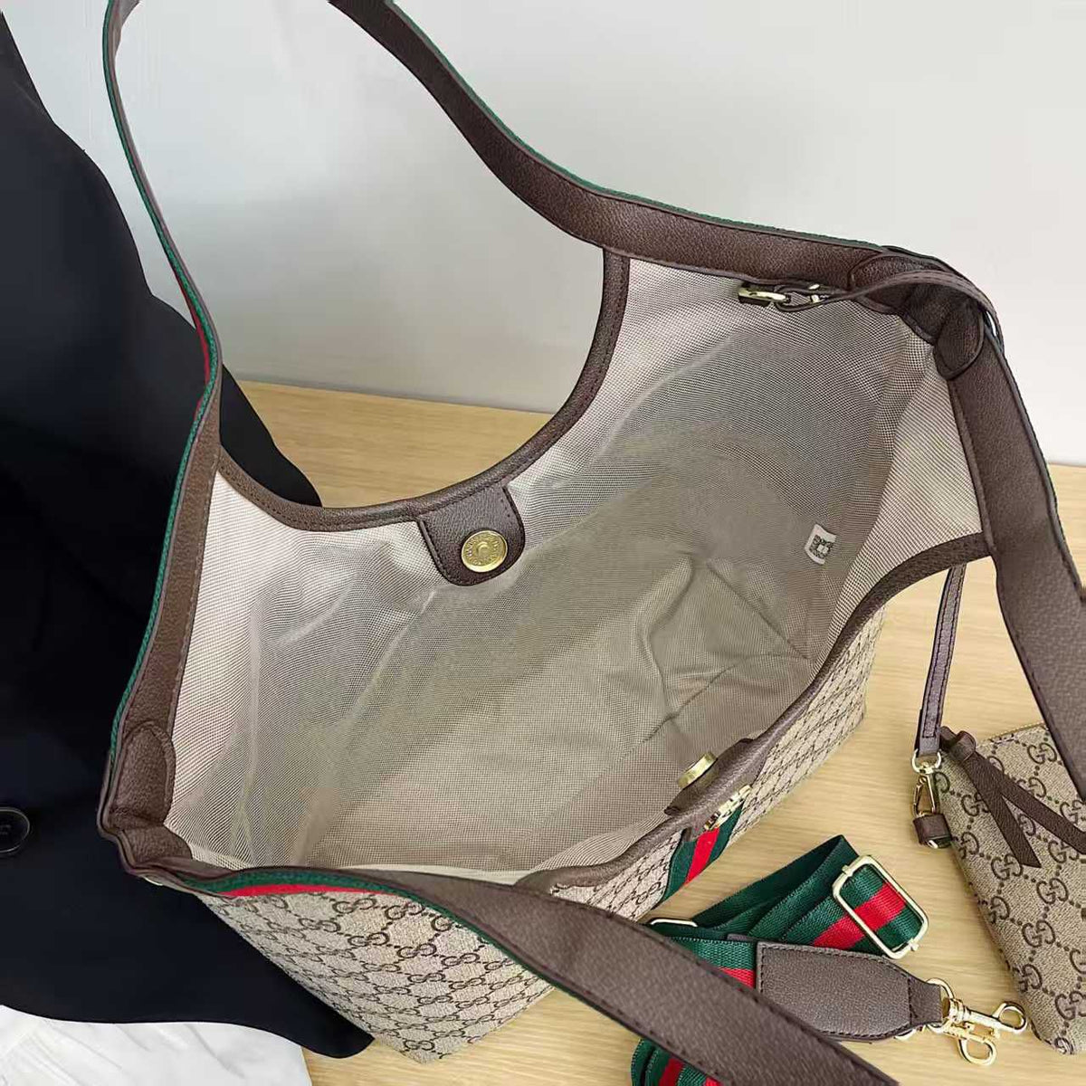 Interior view of Gucci women’s monogram tote bag