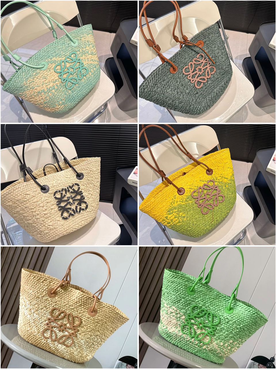 Loewe women's woven basket bags shown in multiple colors
