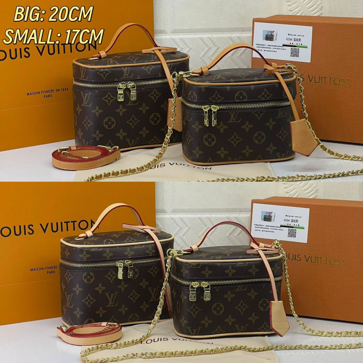 Louis Vuitton monogram vanity case shoulder bag with leather top handle and gold chain strap by Meya Luxury Brand
