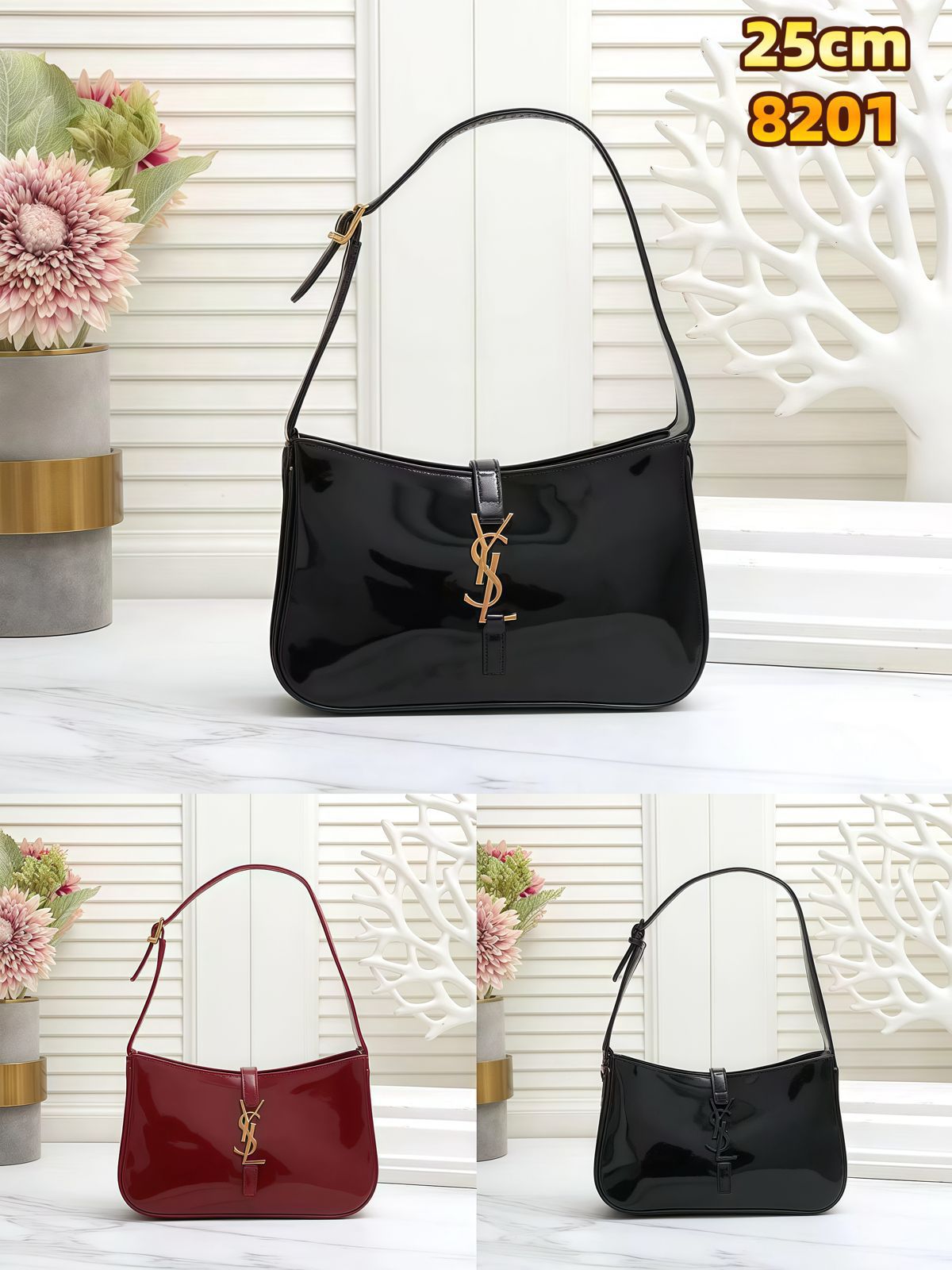 YSL patent leather shoulder bag with gold metal logo hook closure in black and cherry red 25cm