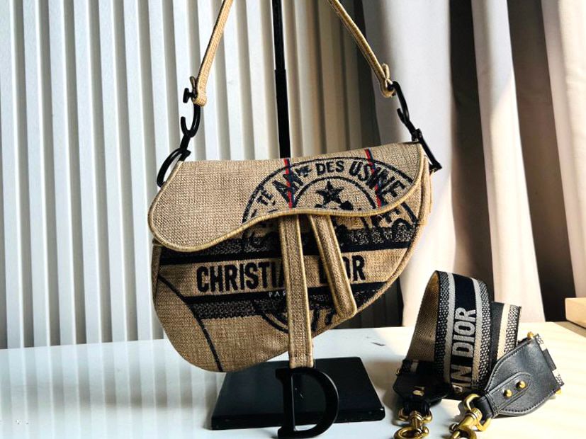 Dior Women Saddle Bag Beige Jute Canvas Embroidered with Dior Union Motif - Meya Luxury Brand