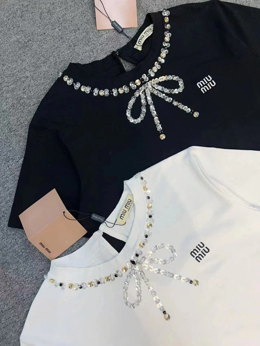 Miu Miu Pearl Embellished Bow T-shirt - Meya Luxury Brand