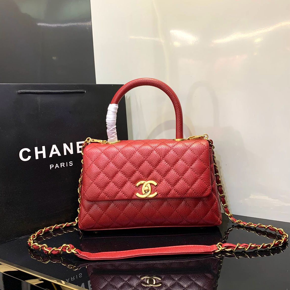 CHANEL Caviar Lizard Quilted Small Coco Handle Flap Red - Meya Luxury Brand