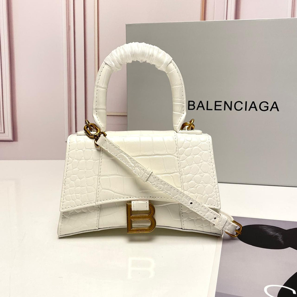 BALENCIAGA Shiny Embossed Hourglass Top Handle Bag - Meya Luxury Brand