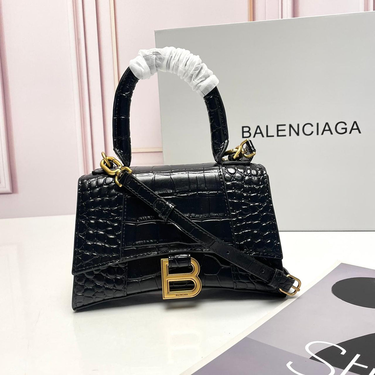BALENCIAGA Shiny Embossed Hourglass Top Handle Bag - Meya Luxury Brand
