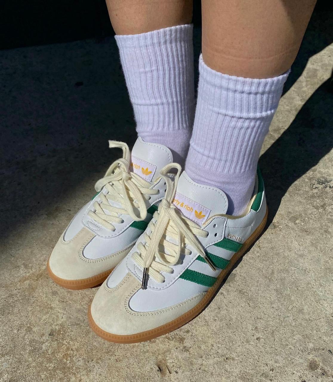 Adidas Samba OG Cloud White Collegiate Green gum sneakers at Meya Luxury Brand