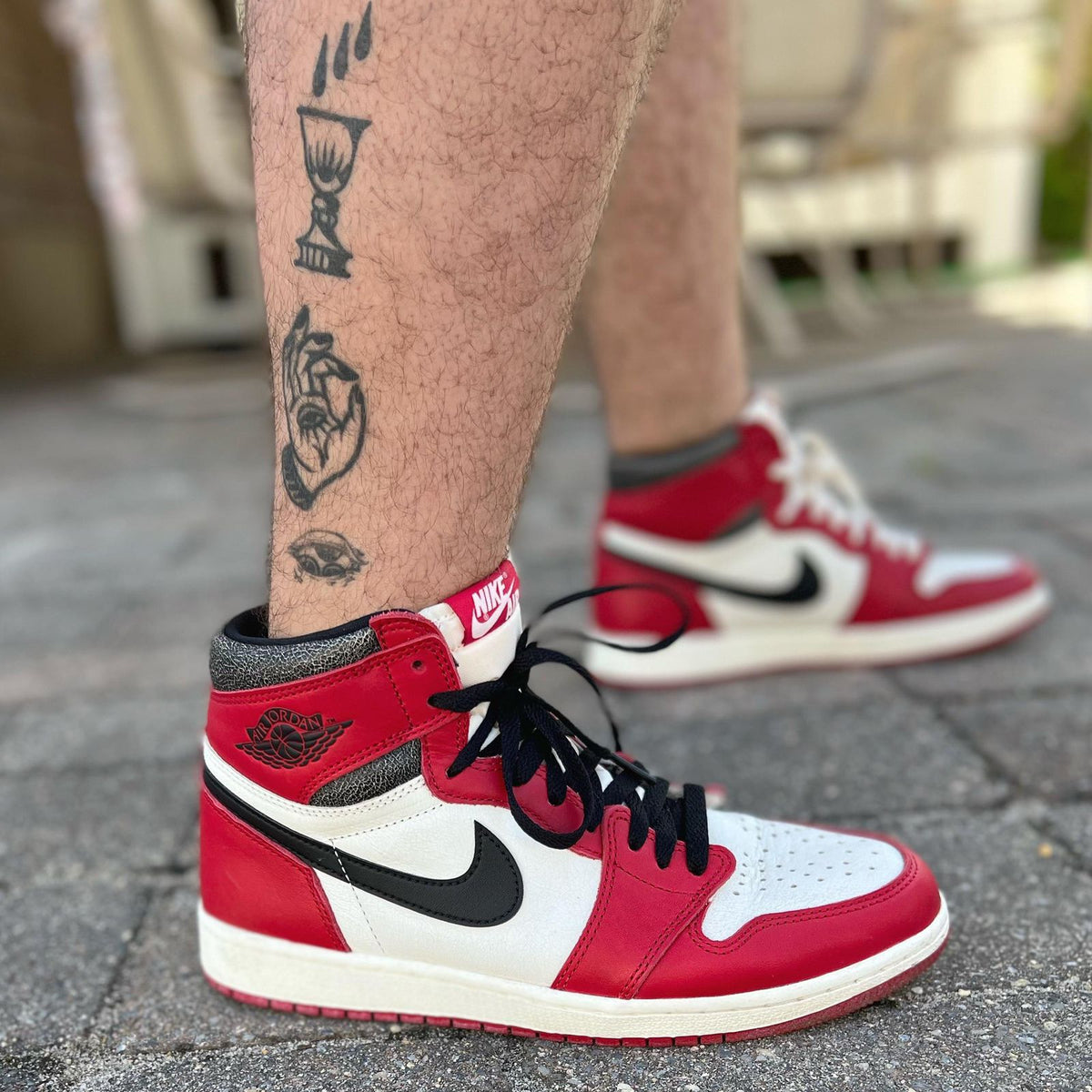 Air Jordan 1 Chicago sneakers shown on foot
