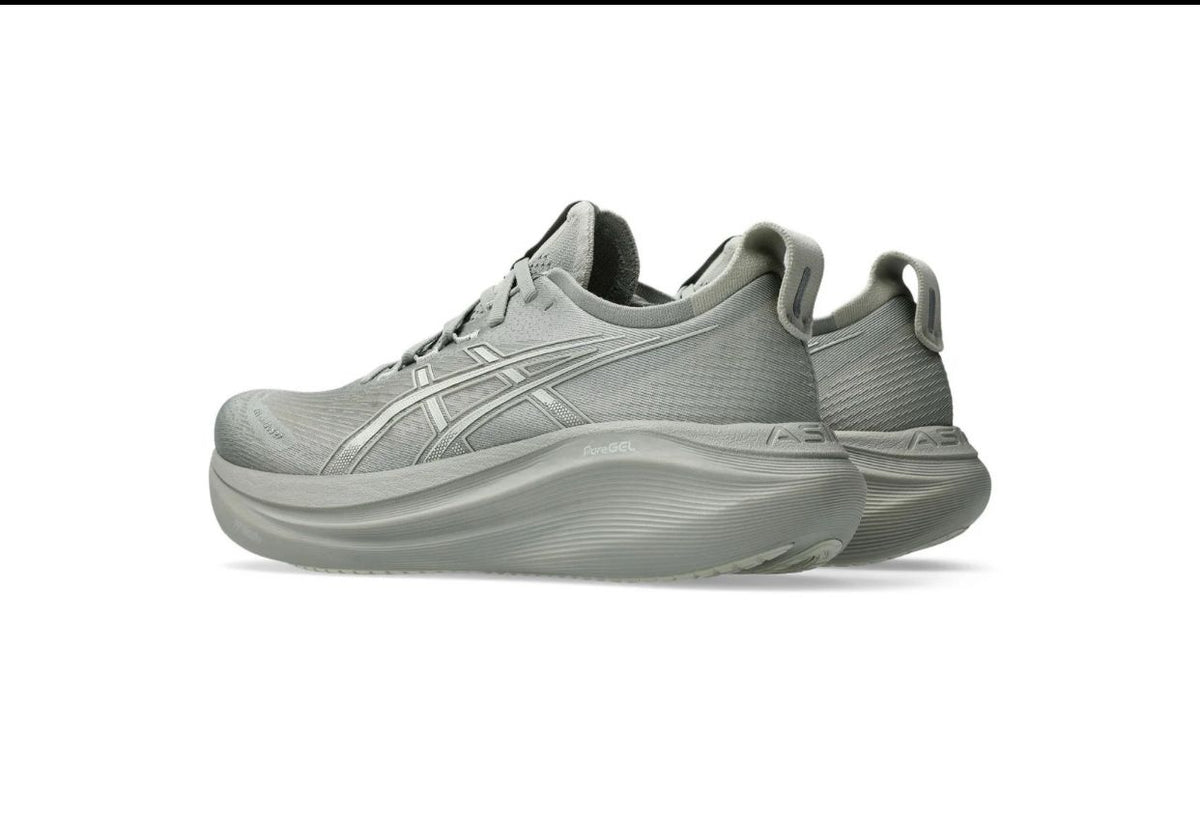 Top view of ASICS GEL-NYC cream and grey shoes