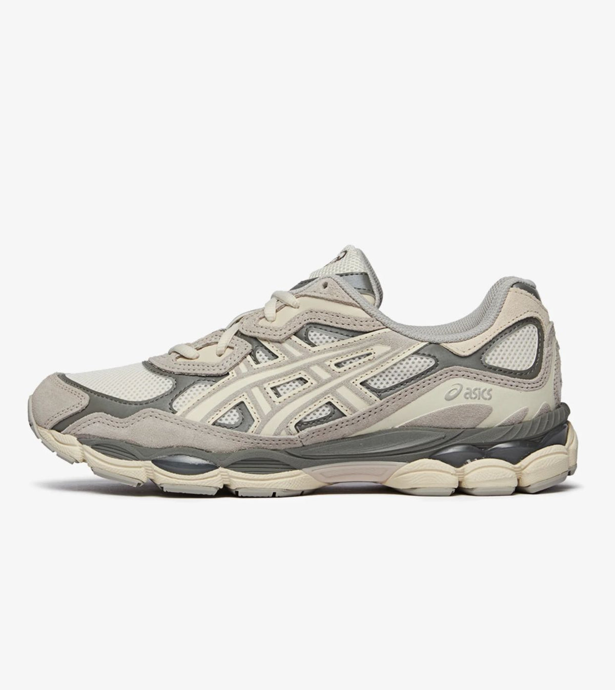 Side profile of ASICS GEL-NYC cream and grey sneaker