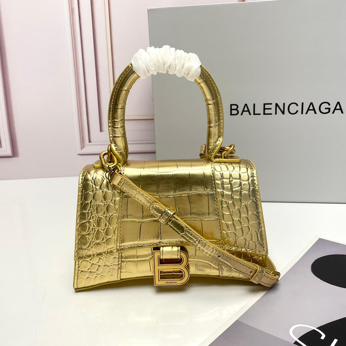 BALENCIAGA Shiny Embossed Hourglass Top Handle Bag - Meya Luxury Brand
