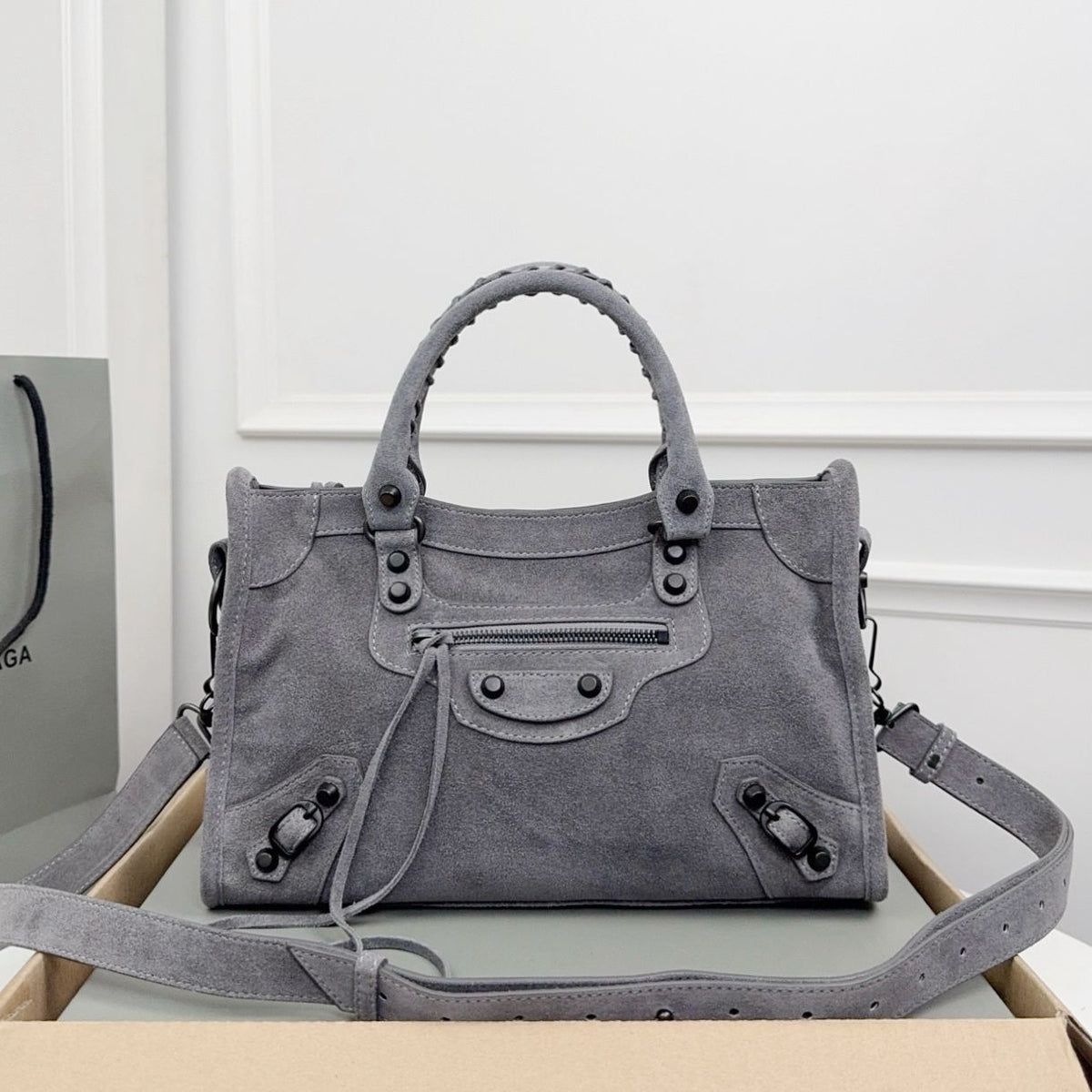 Slate grey Balenciaga city leather shoulder bag with metallic studs