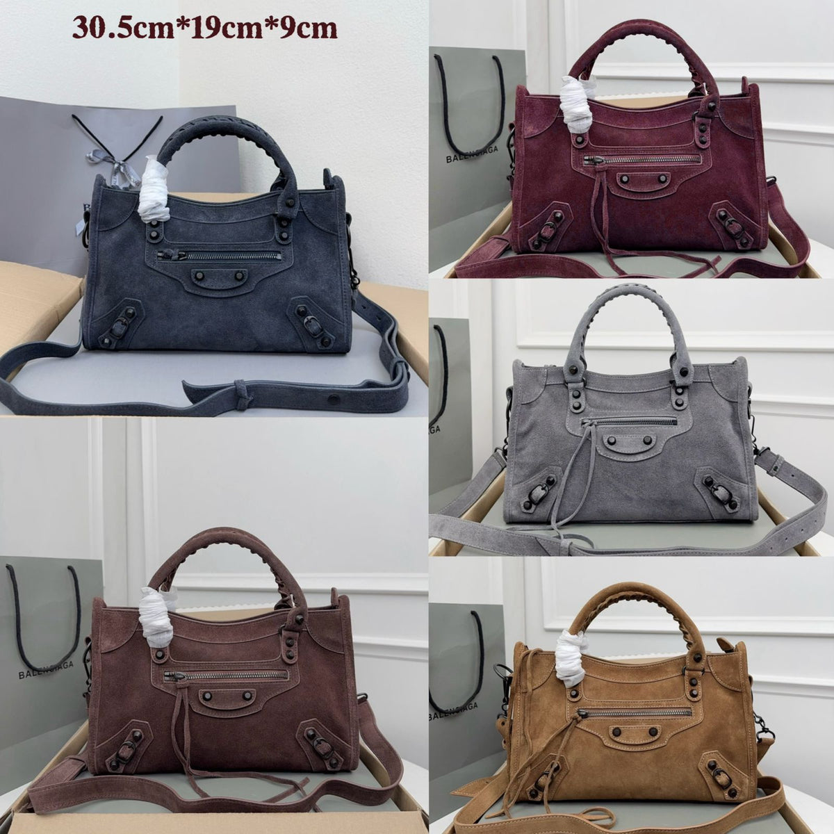Balenciaga women's city leather shoulder bag collection measuring 30.5cm by 19cm by 9cm