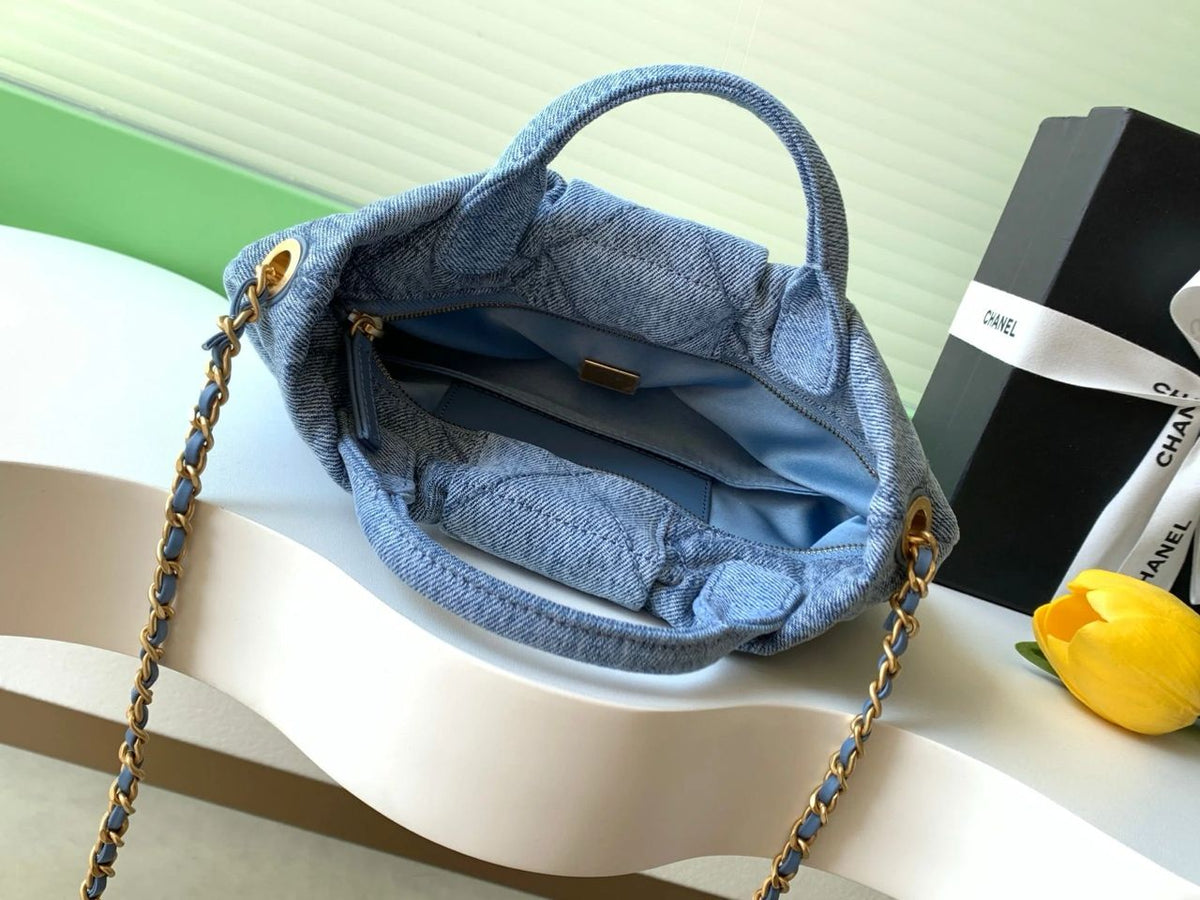 Interior view of blue Chanel quilted women’s bag