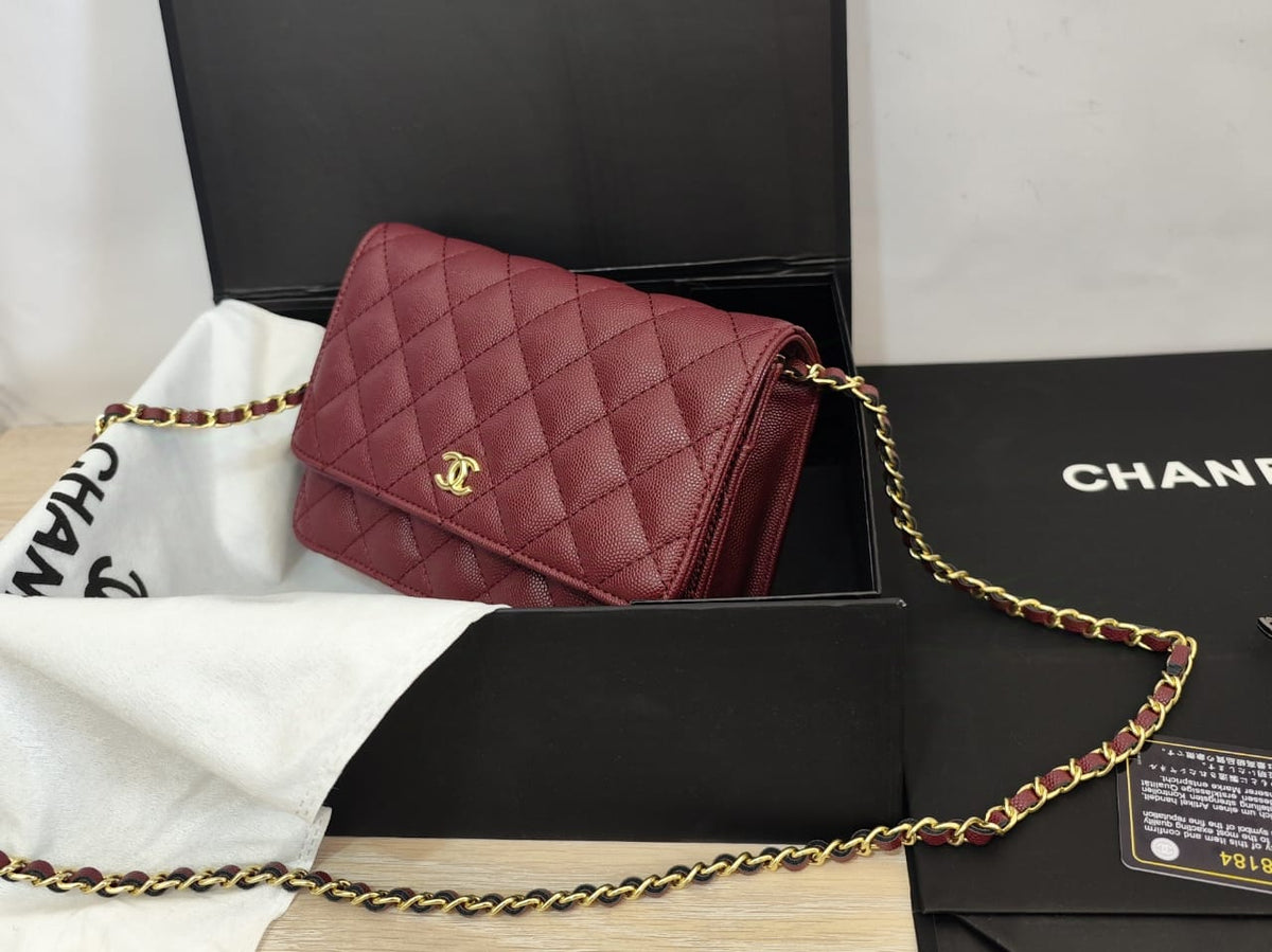Burgundy Chanel quilted wallet-on-chain bag