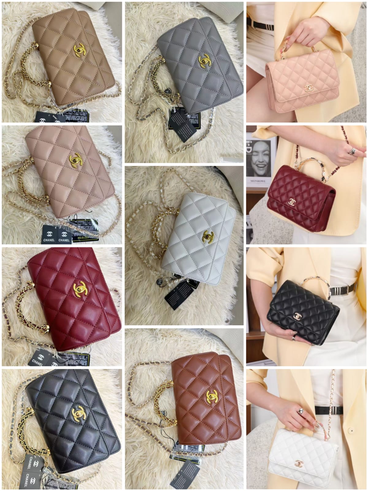 Color collection grid of Chanel quilted leather mini flap bags by Meya Luxury Brand