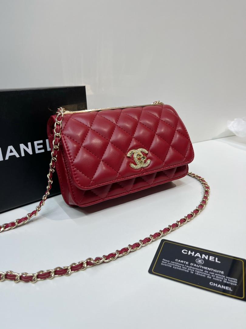Red Chanel mini crossbody bag with gold-tone chain