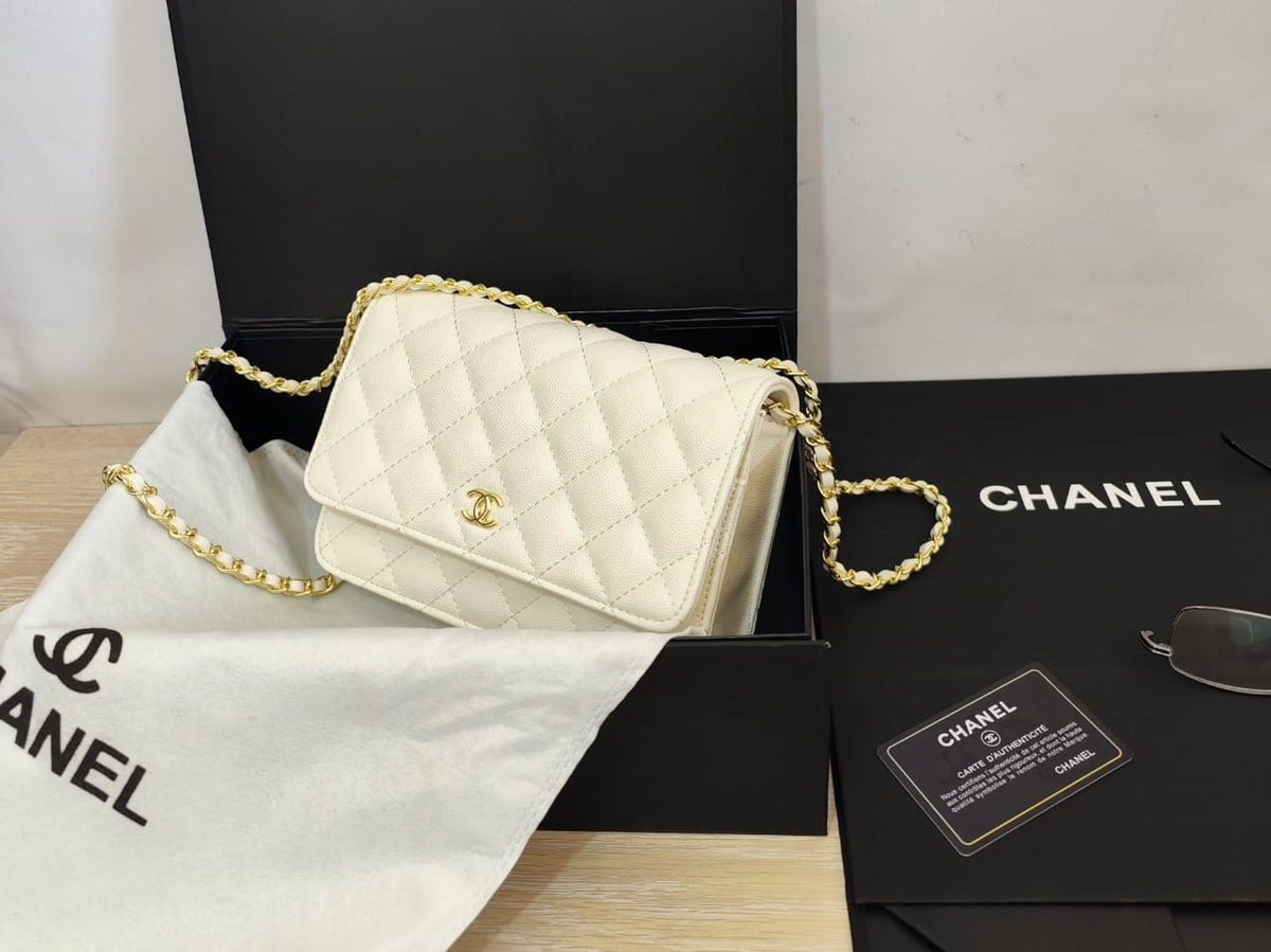 White Chanel wallet-on-chain bag with gold-tone chain