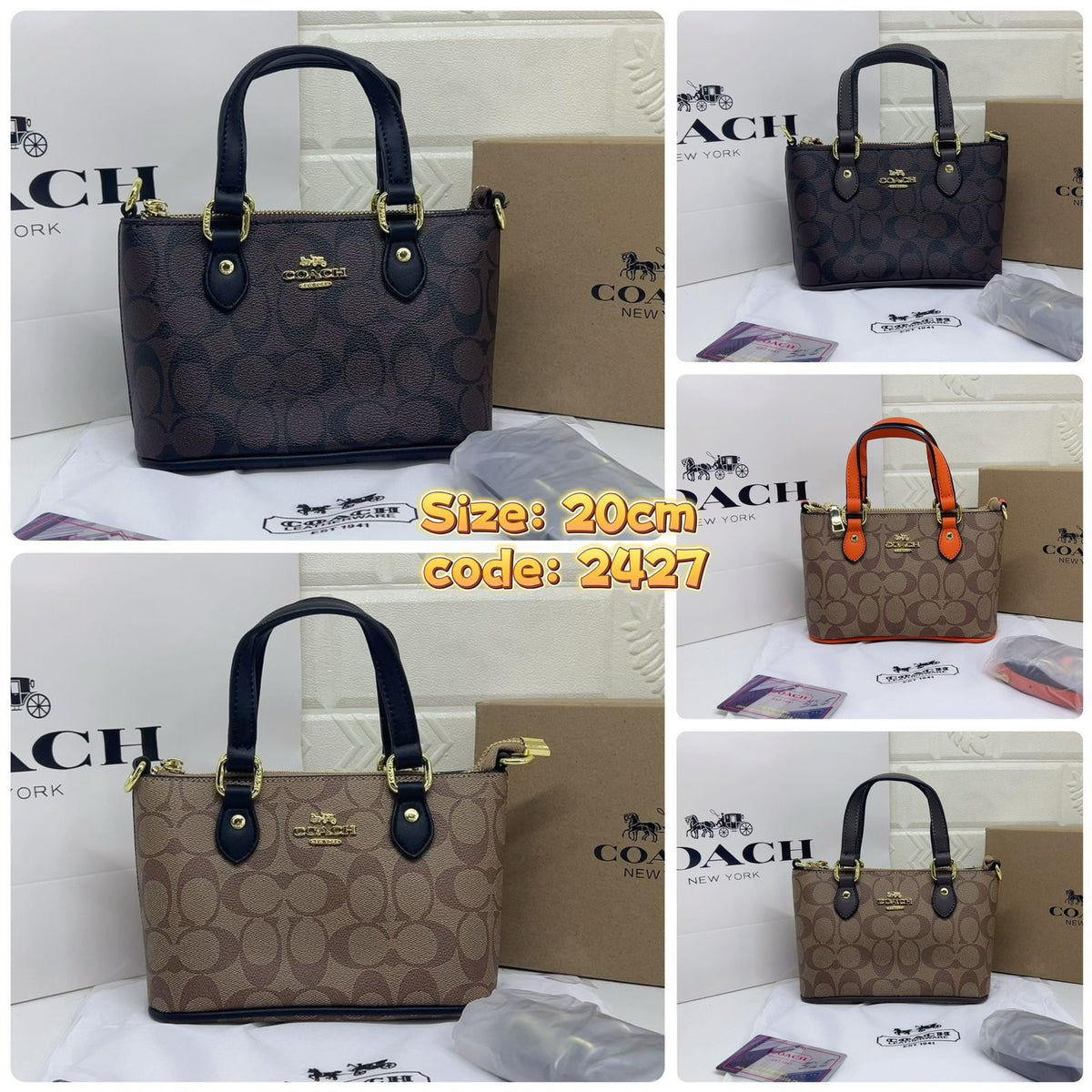 Coach signature canvas mini carryall tote bag 20cm in dark brown, khaki tan, and orange leather trim by Meya Luxury Brand