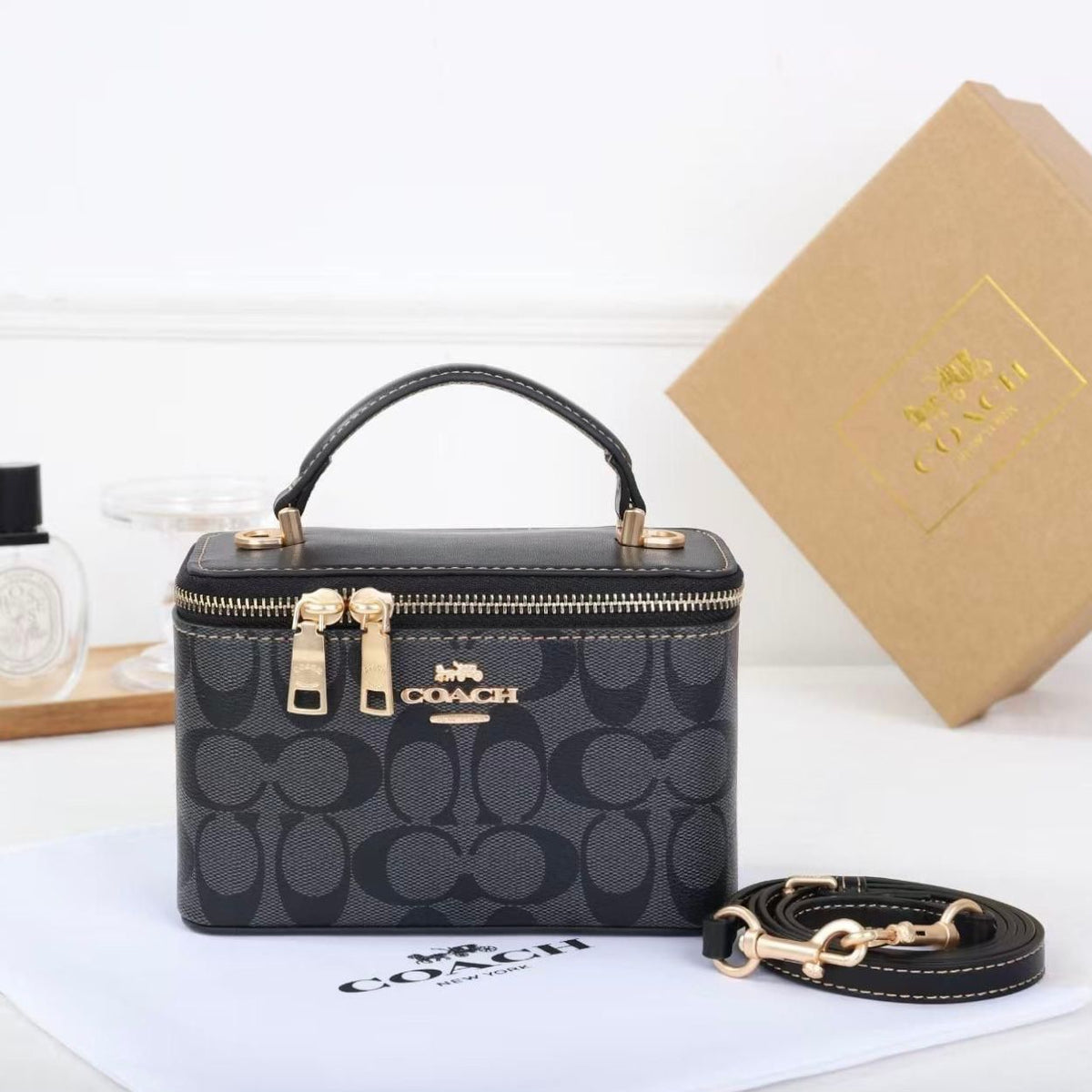 Coach signature mini vanity handbag in charcoal black monogram canvas