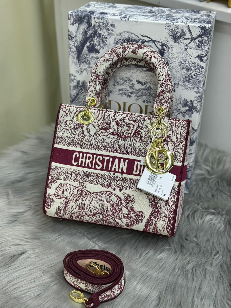 Charcoal dark grey Dior Lady D-Lite embroidered canvas handbag