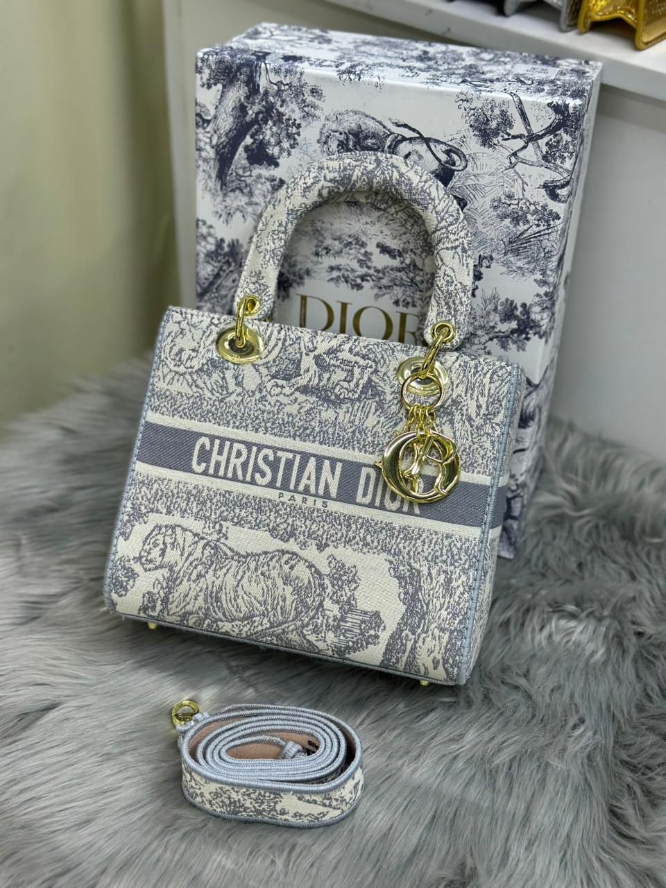 Light silver grey Dior Lady D-Lite embroidered canvas shoulder bag