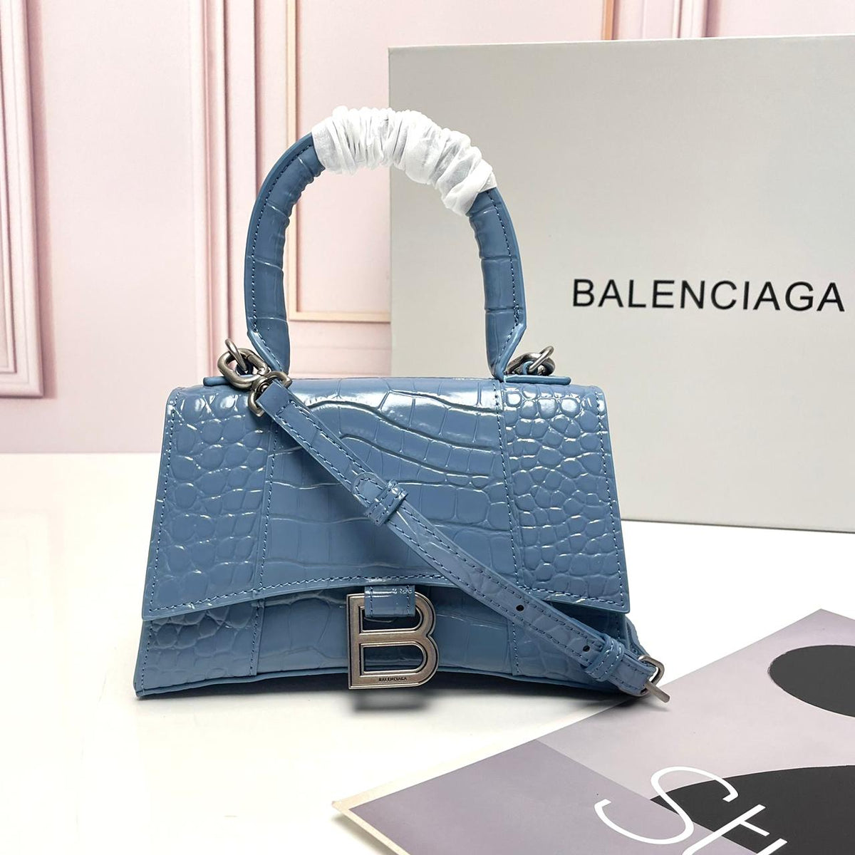 BALENCIAGA Shiny Embossed Hourglass Top Handle Bag - Meya Luxury Brand