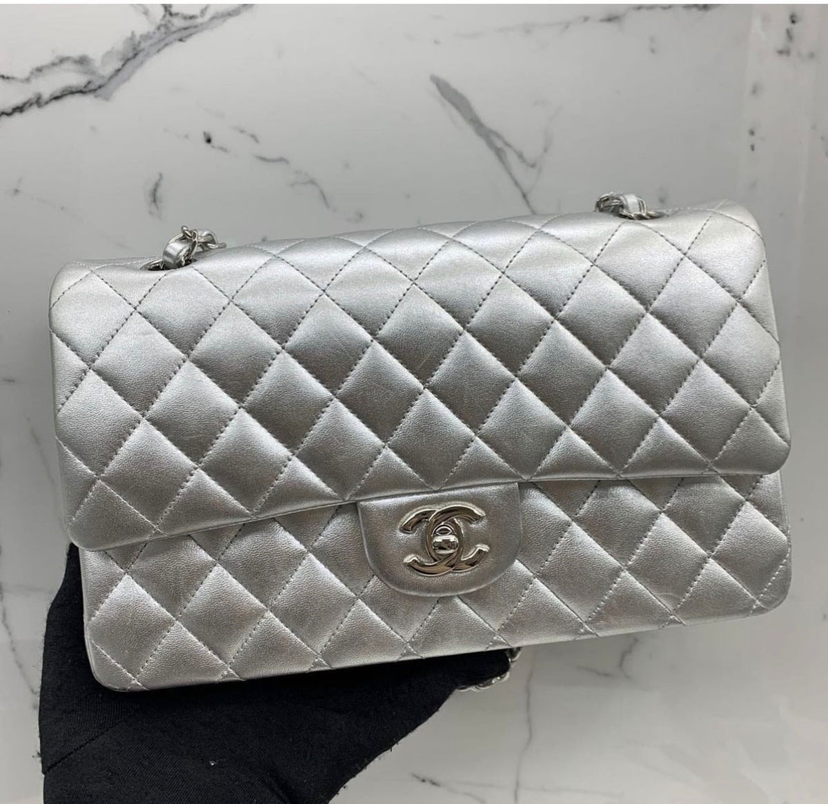CHANEL Metallic Double Flap Silver Bag - Meya Luxury Brand