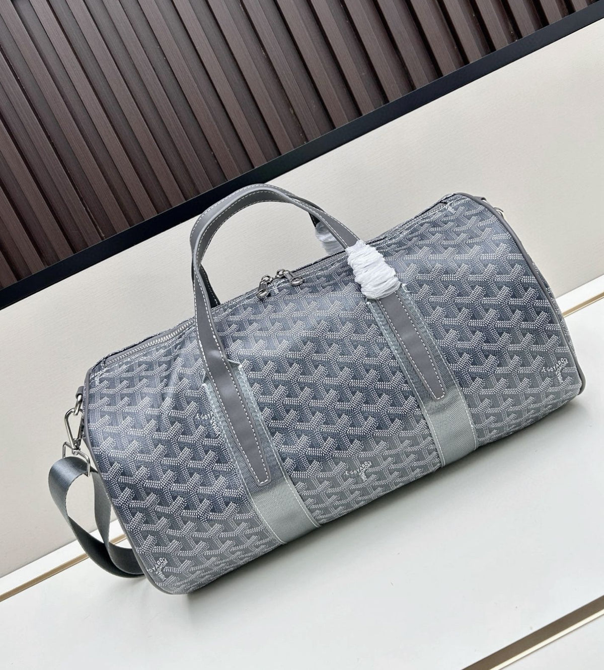 Charcoal grey Goyard Goyardine canvas cylinder barrel handbag