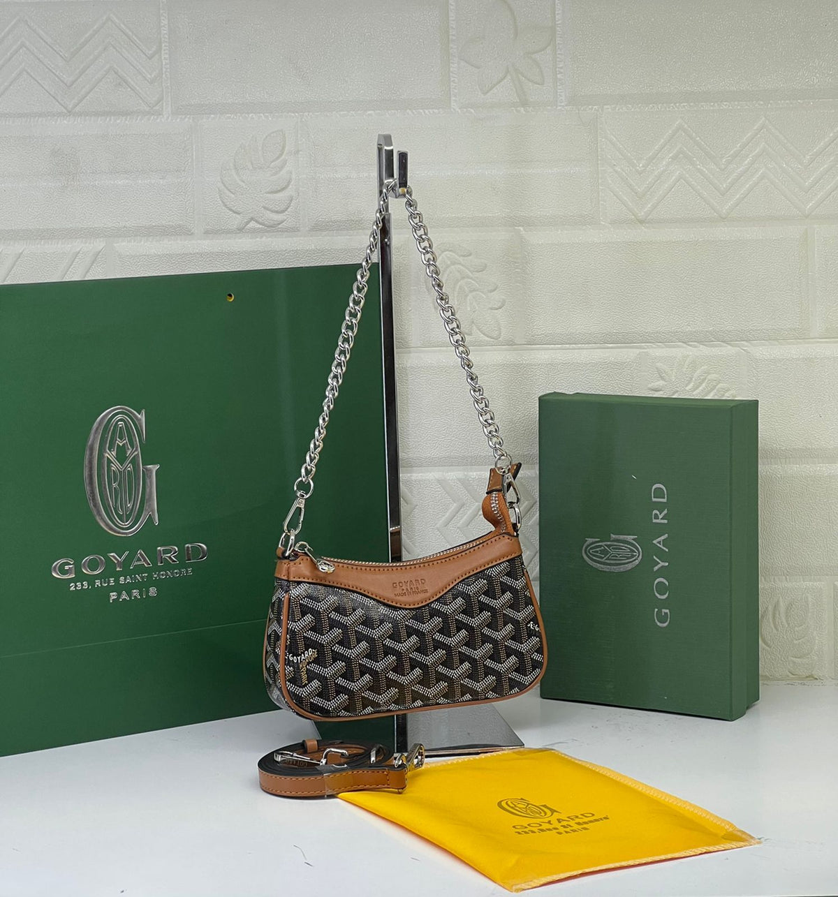 Goyard Goyardine canvas mini shoulder bag 19cm in classic tan and black leather trim by Meya Luxury Brand