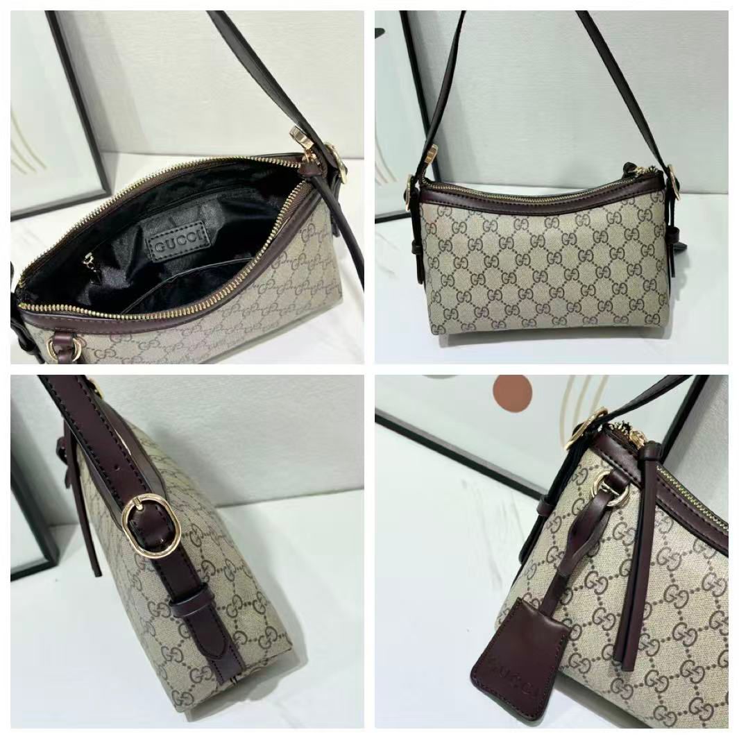 Detail views of Gucci monogram crossbody bag and strap
