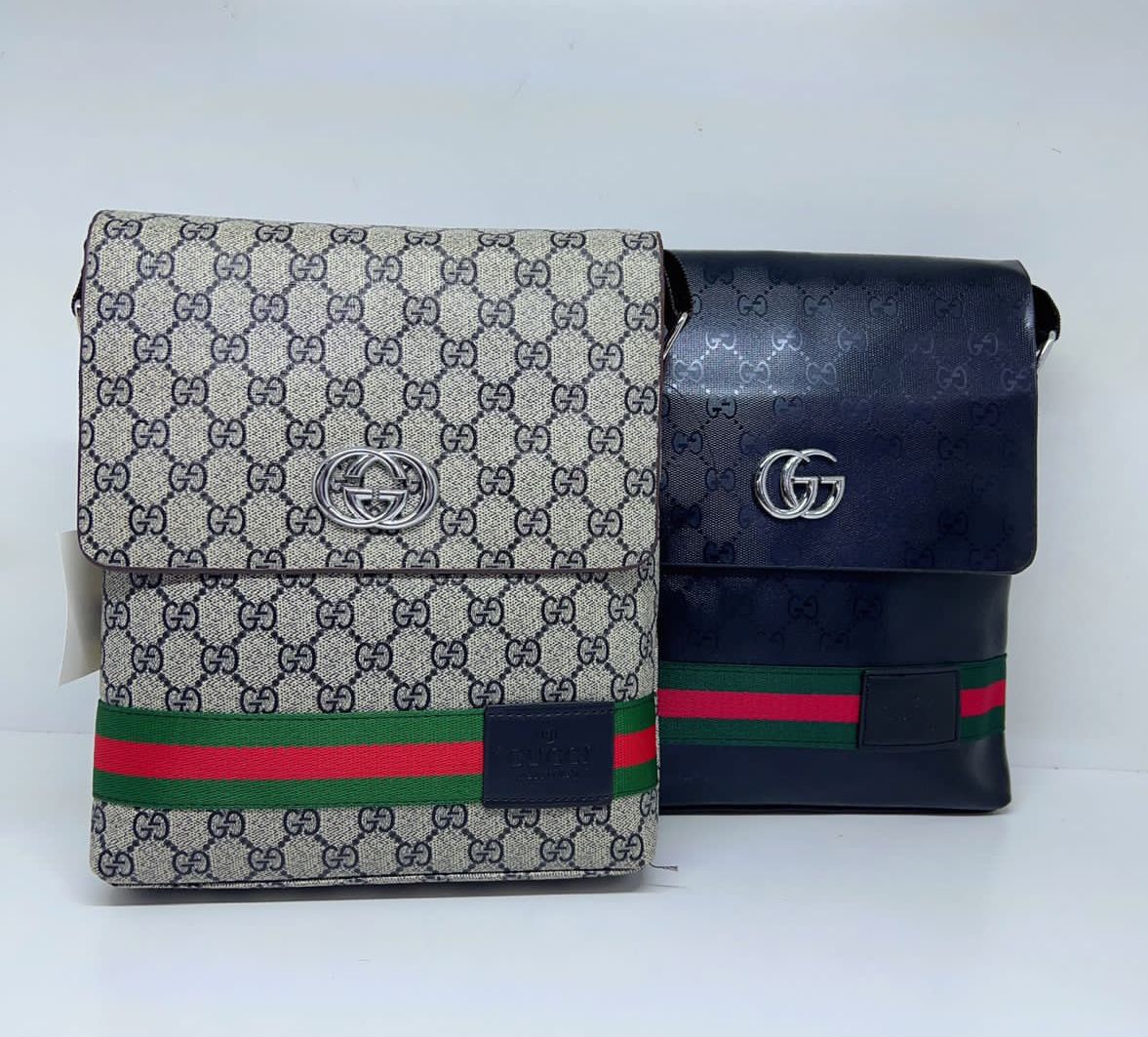 Gucci GG Supreme canvas Web messenger bags in classic beige ebony and dark navy blue by Meya Luxury Brand