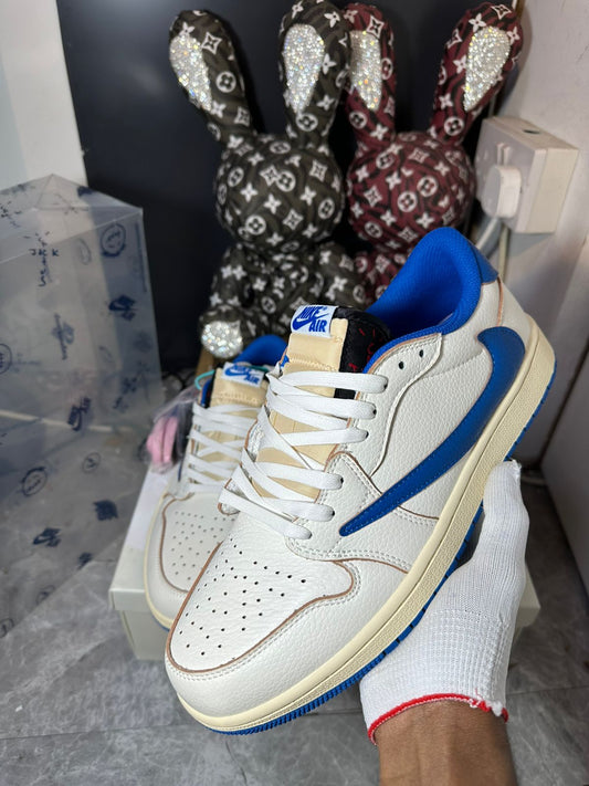 Jordan 1 Low white blue and cream sneakers at Meya Luxury Brand