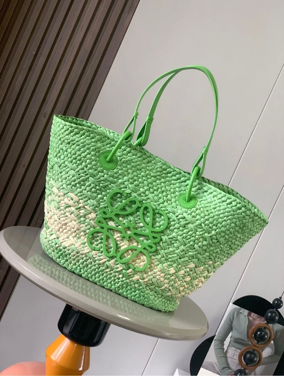 Green woven basket handbag with Loewe design for women