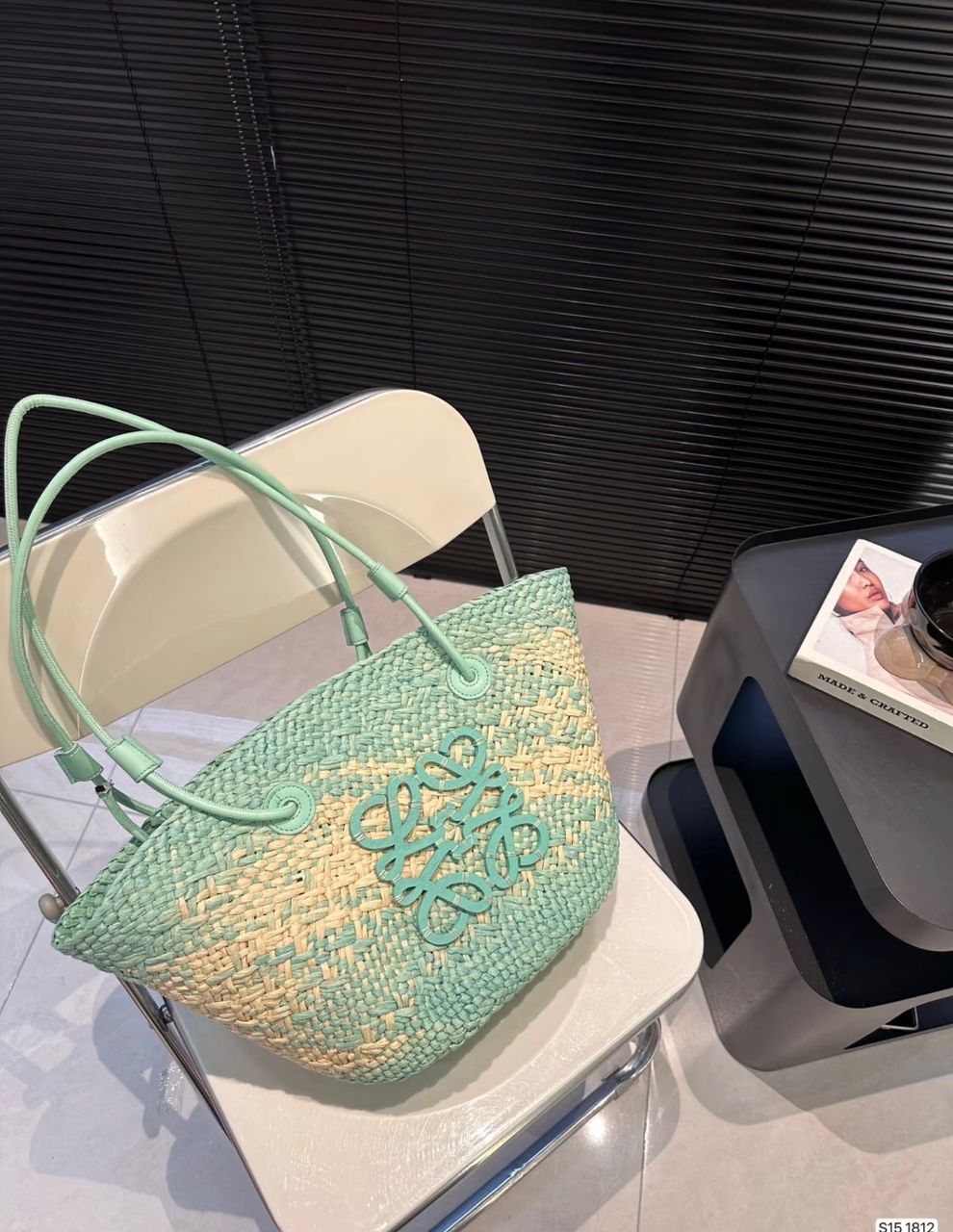 Green Loewe woven tote bag with long handles