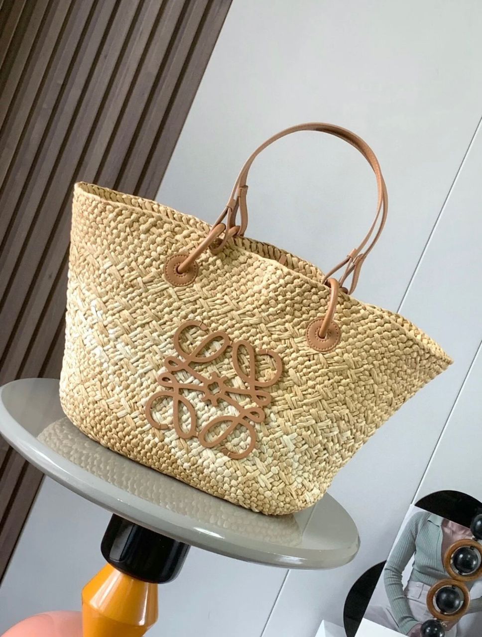 Natural woven Loewe tote bag with long leather-style handles