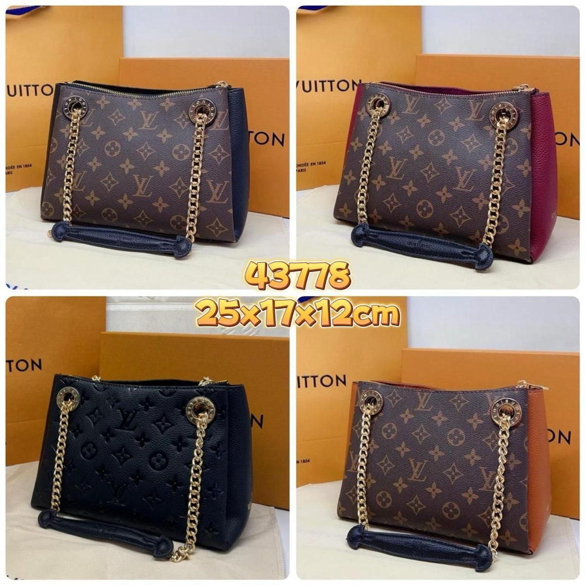 Louis Vuitton monogram chain shoulder bag in navy, wine red, black empreinte, and tan leather variations
