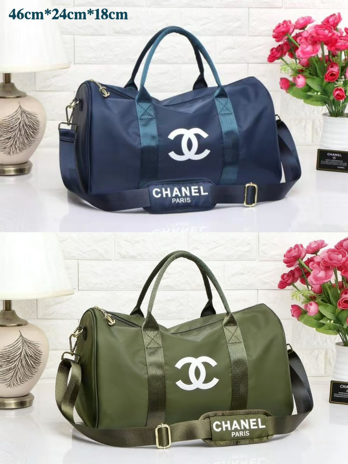 Navy blue and olive green luxury nylon travel duffle bags measuring 46cm by 24cm by 18cm