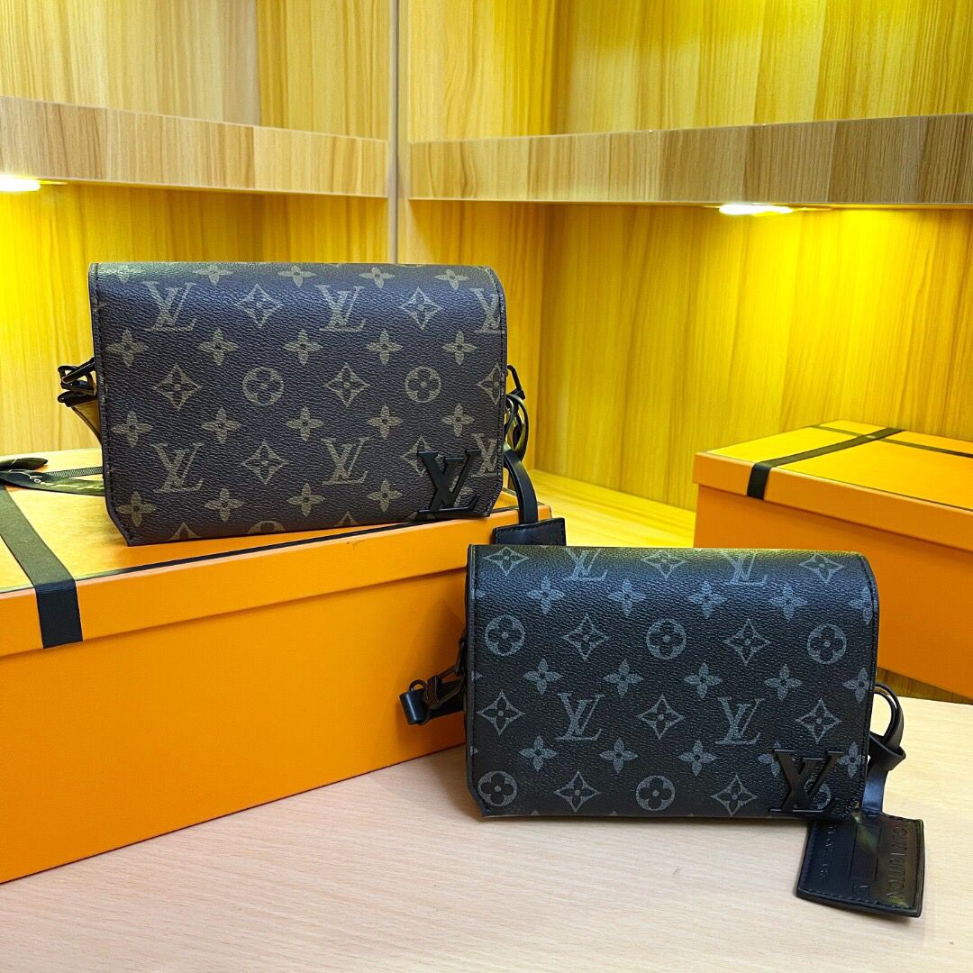 Monogram crossbody bags displayed in different sizes with shoulder straps
