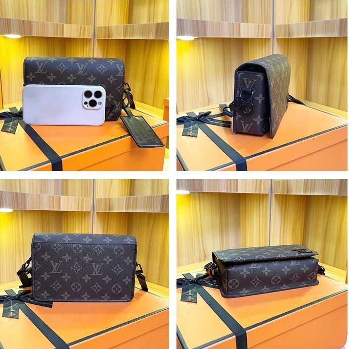 Louis Vuitton style monogram crossbody bag shown from multiple angles