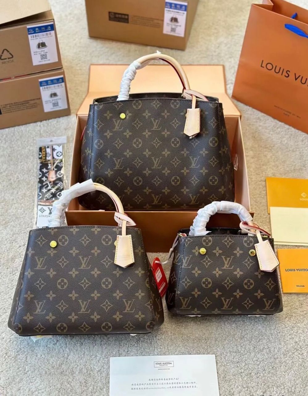 Louis Vuitton style monogram handbags shown in different sizes