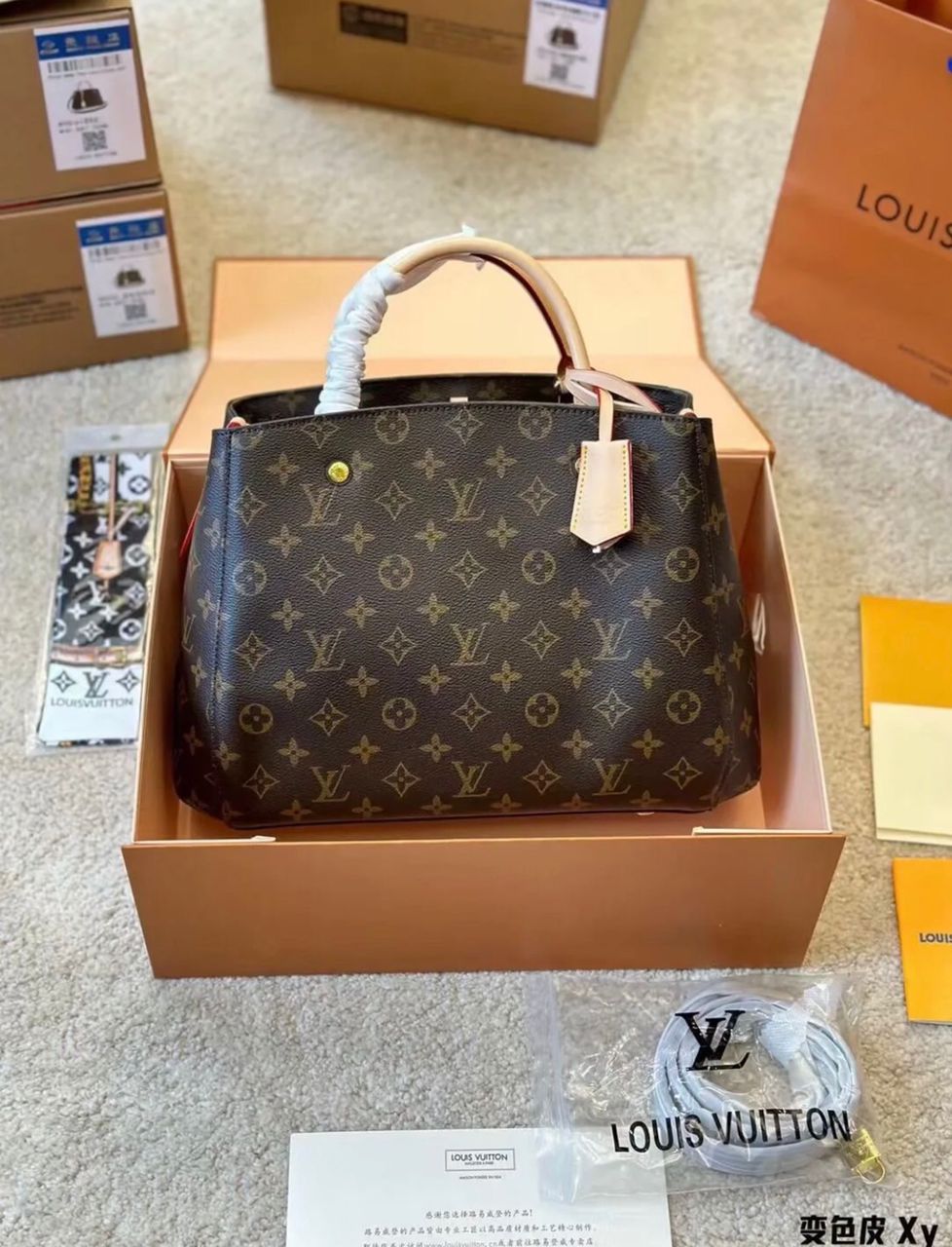 Louis Vuitton style women's handbag front view with top handles
