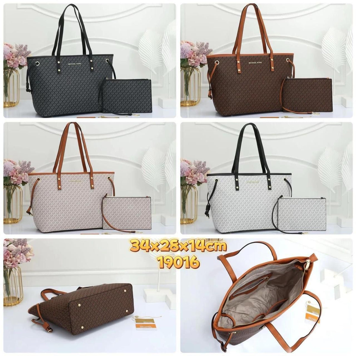 Michael Kors signature monogram tote bag with matching wristlet pouch set in brown, black, cream, and white by Meya Luxury Brand