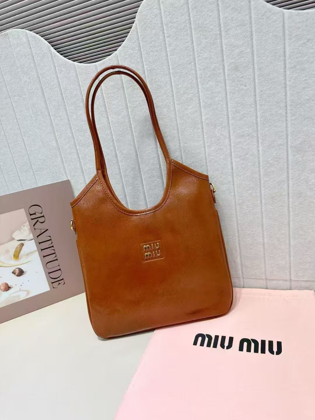 Camel tan brown Miu Miu soft leather shoulder tote bag