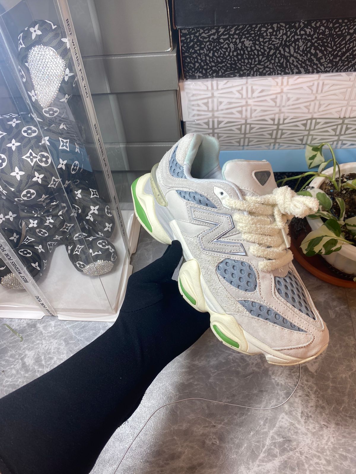 New Balance 9060 cream grey and green sneakers at Meya Luxury Brand