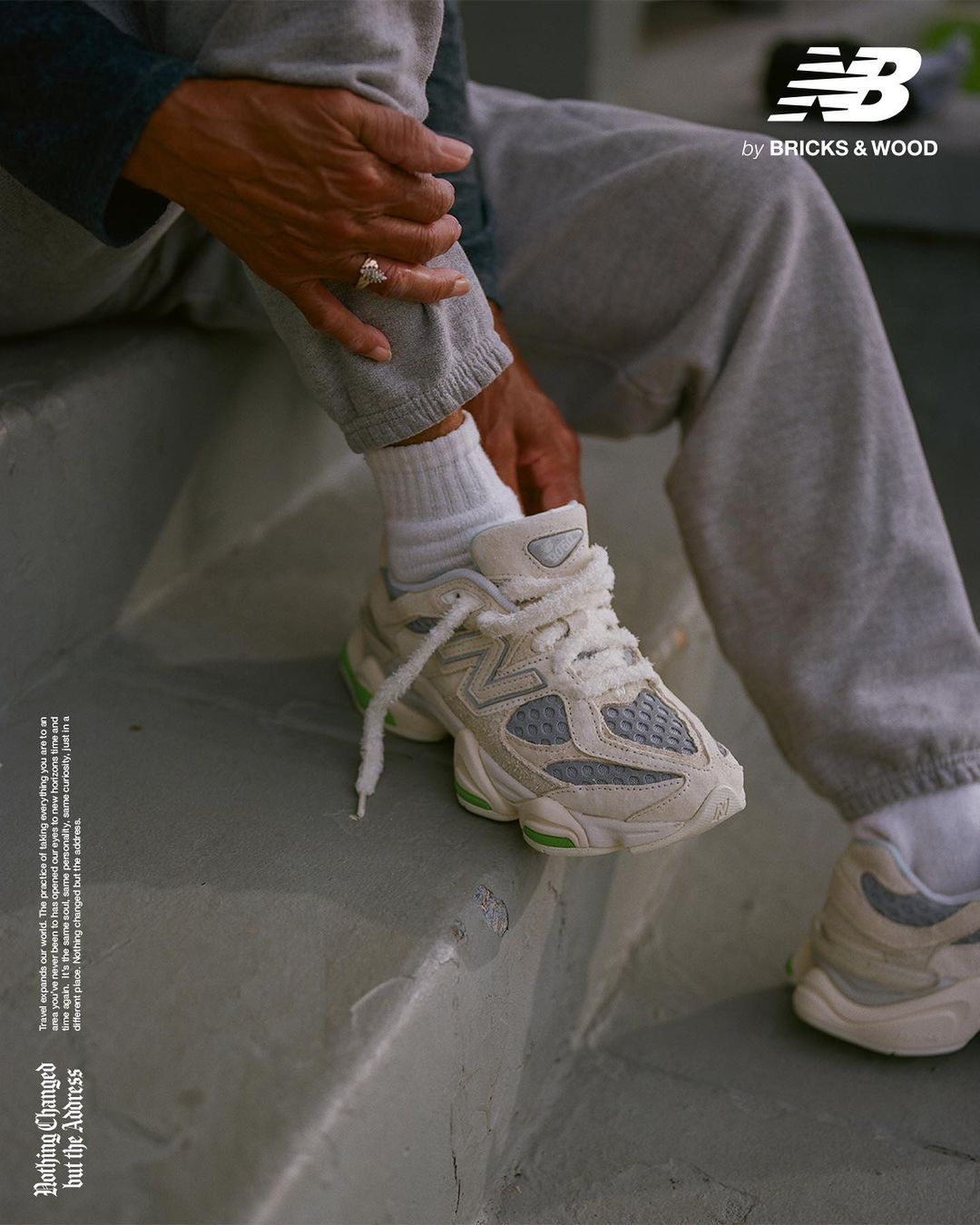 Cream New Balance 9060 sneakers shown on foot