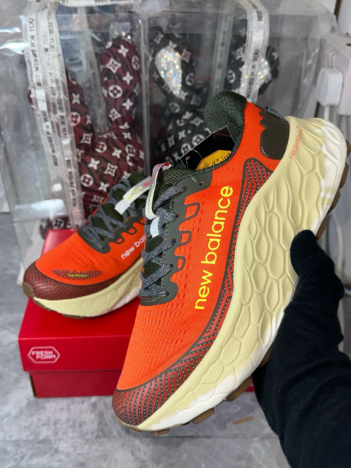 New Balance Fresh Foam X Hierro v7 orange olive men's shoes at Meya Luxury Brand