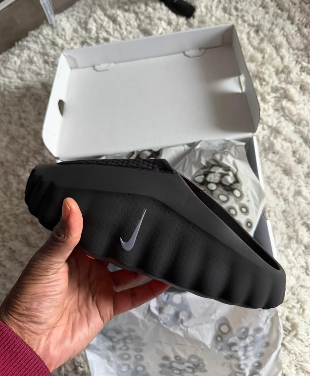 Nike Mind 001 Black Hyper Crimson mules at Meya Luxury Brand