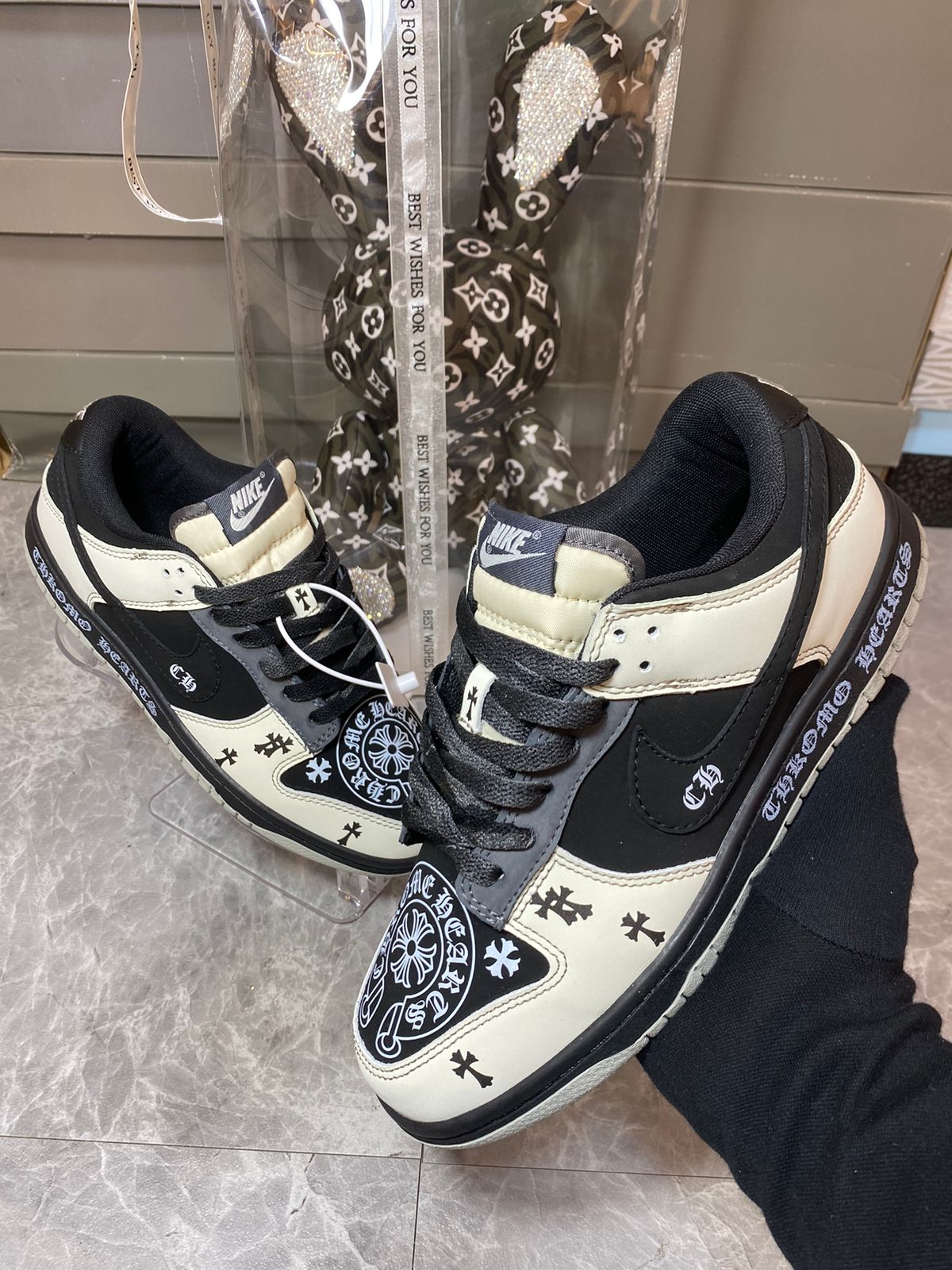 Nike SB Dunk Low Chrome Hearts custom black cream sneakers at Meya Luxury Brand