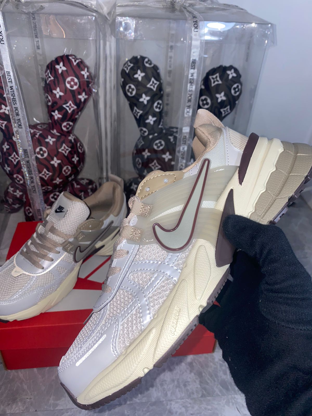 Nike V2K Run cream beige sneakers at Meya Luxury Brand